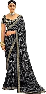 Women's Bandhani Printed & Embroidery Work In Lace Georgette Saree with Unstitched Blouse Piece(2302S133_Black)