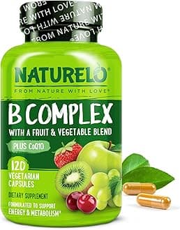 NATURELO Vitamin B Complex,120 Capsules, Vegan, CoQ10, Methyl Folate, Biotin, Fruit & Veg Blend, Supports Energy and Healthy Stress Response, Super B Complex Vitamins for Women and Men