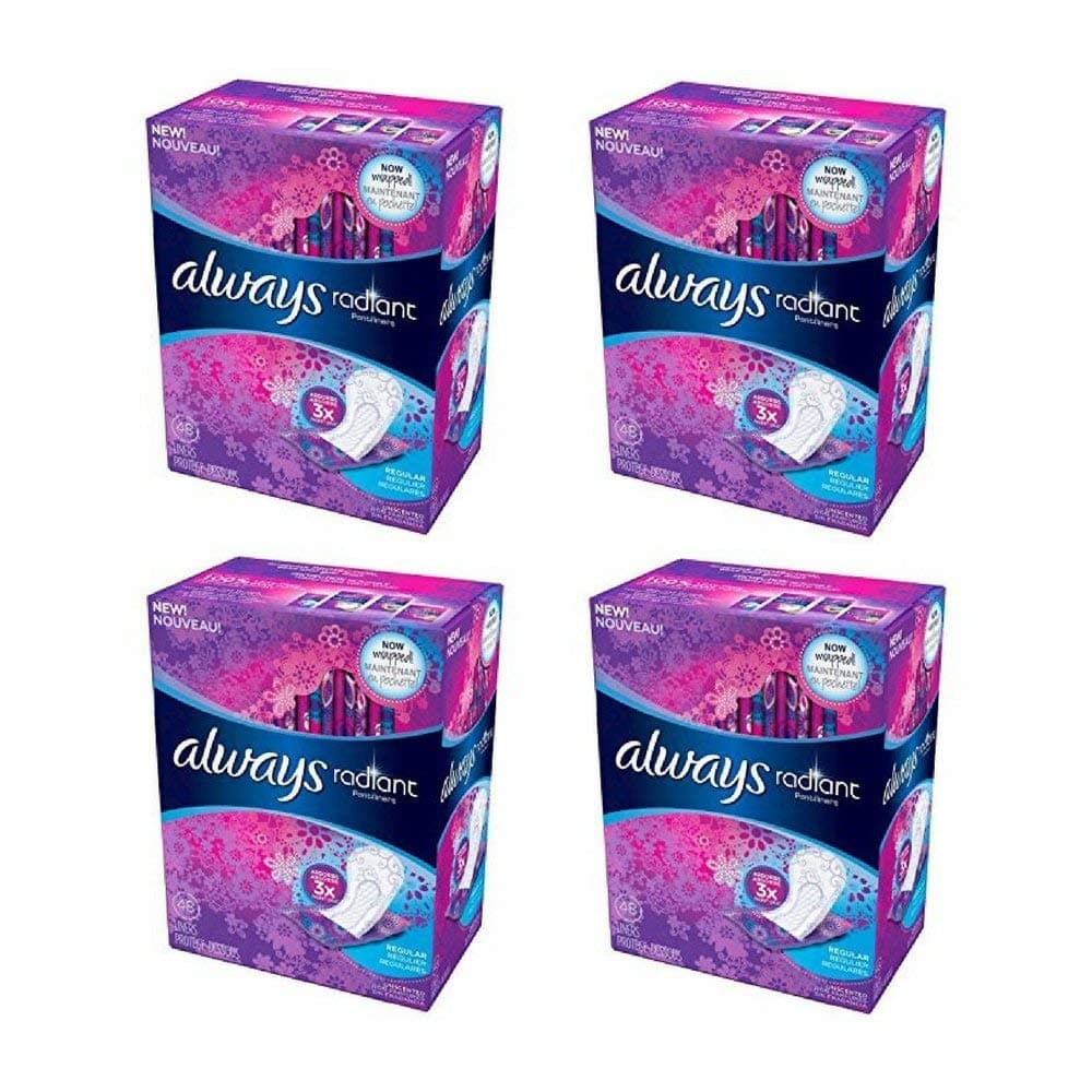 Always Radiant Pantyliners Liners, Regular, Unscented, 48 Count - 4 Pack. (Includes 192 Pantiliners Total.)