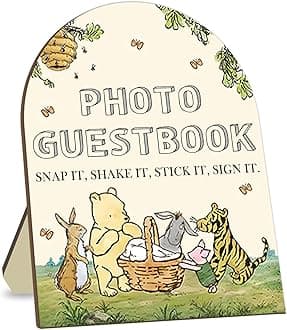 Winnie Wedding Photo Guestbook Desk Decor, The Pooh Photo Guestbook Wooden Sign, Baby Shower Party Decor, Wedding Party Supplies for Reception with Stand 8 * 10In