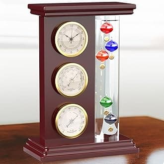 JJ Care Galileo Thermometer with Quartz Clock (Gold), Galileo Weather Station with Analog Barometer and Hygrometer, Glass Pine Wood Frame Galileo Thermometer for Indoor and Outdoor Home Décor