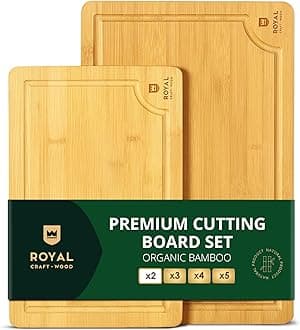 ROYAL CRAFT WOOD Wooden Cutting Boards for Kitchen Meal Prep & Serving - Bamboo Wood Serving Board Set with Deep Juice Groove Side Handles - Charcuterie & Chopping Butcher Block for Meat