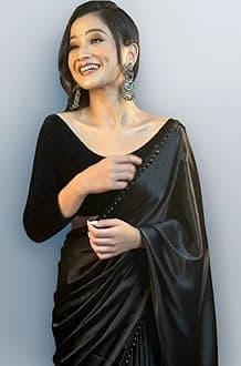 SATAZ Women's Ready to Wear Black Satin Silk Heavy Readymade Stitched Saree With Beads Lace And Velvet Unstitched Blouse