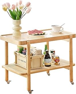 Tiita Bamboo Rattan Coffee Table with Wheels, Glass Top Rolling Nightstand, Boho Wooden End Table for Living Room, Bedroom & Small Space, Accent Furniture