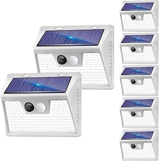 Solar Lights Outdoor 7 Pack, 140LED/3 Modes Motion Sensor Outdoor Lights Solar Powered, Wireless IP65 Waterproof Solar Wall Lights Outdoor Lights, Bright for Deck Fence Patio Front Door, White Light