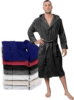 Men's Bathrobe, Dressing Gown 100% Cotton (350 g/m²) Oeko-Tex® Certified, Bathrobe with Hood, 2 Pockets, Belt