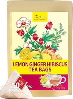 TeeLux Lemon Ginger Tea Bags 50 Count, Blend Natural Lemongrass, Ginger, Licorice, Hibiscus, Lemon Flavor, Warm & Zesty, Caffeine Free, Healthy Herbal Tea