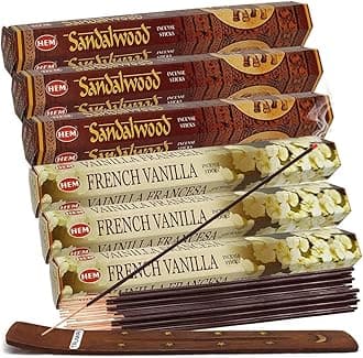 Sandalwood Incense Sticks and French Vanilla Incense Sticks with Incense Holder Bundle for Home Fragrance and Spiritual Décor