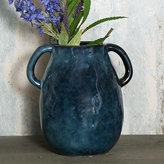 Blue Ceramic Vase with 2 Handles, Modern Farmhouse Decor, Rustic Terracotta Pottery, Decorative Flower Vases, Clay Small Vase, Centerpiece for Dining Table - 7 Inch Tall