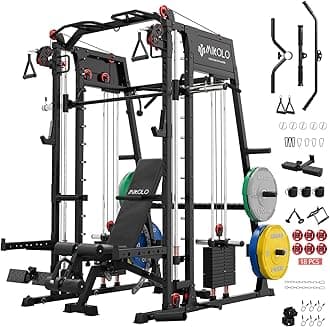 Mikolo M4 2.0 Smith Machine, 2200lbs Squat Rack with LAT-Pull Down System & Cable Crossover Machine, Training Equipment with Leg Hold-Down Attachment