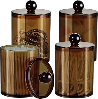 SheeChung 4-Pack Amber Acrylic Apothecary Jars - (2) 10oz & (2) 12oz Qtip Holder Set - Shatterproof Bathroom Vanity Organizer for Cotton Swabs, Balls, Pads - Modern Farmhouse Decor