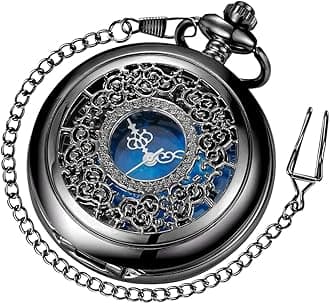 – Tiong Quartz Pocket Watch Hollow Steampunk Blue Star Design Roman Numerals Pocket Watch with Chain Christmas Gifts