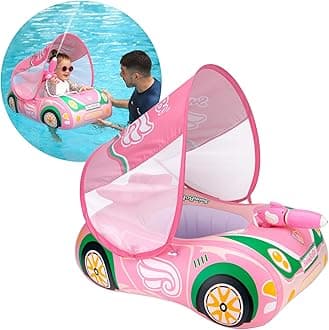 Swimbobo Toddler Pool Float Inflatable Car Baby Swim Float with Adjustable Sun Canopy and Safety Seat Pool Toys for Kids 3+ Years Old(Pink Green Car)