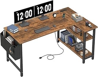 Lufeiya L Shaped Computer Desk with Power Outlet Shelves, 47 Inch Corner Desk for Home Office Bedroom, L-Shaped Study Writing Working PC Desks, Rustic Brown
