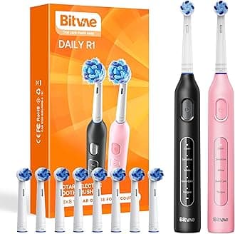 Bitvae Rotating Electric Toothbrush 2 Packs for Adults and Kids, 8 Brush Heads 60-Day Battery Life, 5 Modes Power Toothbrush with 2-Minute Smart Timer, Black & Pink, R1