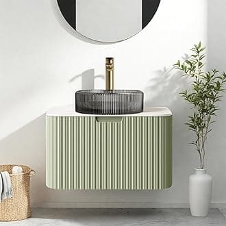 24" Floating Bathroom Vanity with Sink, Wall Mounted Bathroom Cabinet with Transparent Black Glass Basin and Marble Countertop, Large Storage Drawer, No Assembly Required, Light Green