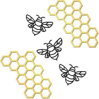 Peryiter 5 Pcs Metal Bee Wall Art Farmhouse Honey Bee Honey Comb Decor Wire Metal Wall Decor Hanging for Living Room Garden Bedroom Office Home (Black, Gold)
