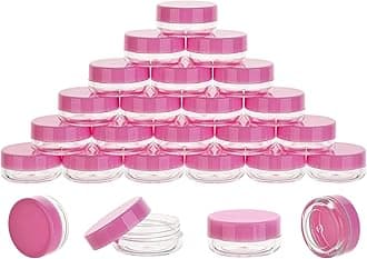25 Count 3 Gram Sample Containers, Clear Lip Balm Containers with Lids, Small Plastic Sample Jars with 2 Mini Spoons, 25pcs Labels (Pink Lid)