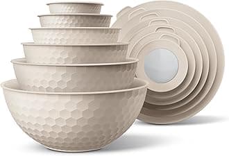 Mixing Bowls with Lids - 12 Piece Plastic Nesting Bowls Set includes 6 Prep Bowls and 6 Lids, Microwave Safe Mixing Bowl Set, Cream Embossed