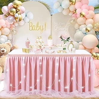 Dusty Rose Baby Shower Table Skirt 14FT Tulle Table Cover with LED for Wedding Party Cake Dessert Table Decorations
