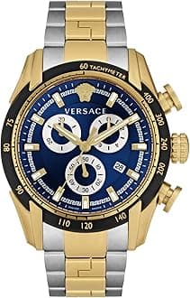 Versace Men's V-Ray Luxury Two-Tone Stainless Steel Watch with Blue Sun-Blue Dial, 44mm Two-Tone Case, Quartz Chronograph Movement, Water Resistant to 50M, Fold-Over Clasp, Adult Men's Fashion Watch