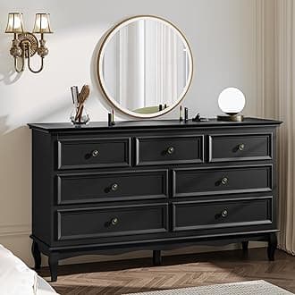 RoyalCraft Dresser for Bedroom, 7 Drawers Dresser with Distinctive Wooden Legs & Black Paint Finish, Black TV Stand with Spacious Storage Space for Bedroom, Hallway