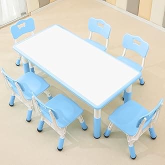 monleelnom Children's Table and Chair Set Suitable for Boys and Girls Age 2-12 Height Adjustable Table top Can be Painted with 6 Seats Suitable for Family Learning Daily use (Blue)