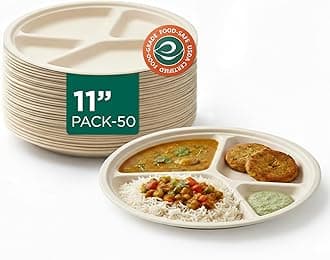 ECO SOUL | Round 4 Compartment Bagasse Plates | 11 Inch - Pack of 50 | Beige | Eco-Friendly Compostable Pooja Plates | Strong, Microwave-Safe Sugarcane Plate for Parties, Events & Catering