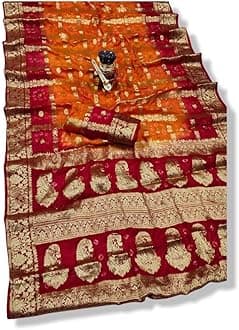 PK HUB Women's Bandhej Banarasi Silk Zari Work Saree with Running Blouse (Saree - 5.5 Meter & Blouse - 0.80 Meter)(Saree Come without Roll Press & Small Holes May Come Due to Hand Die Bandhej)