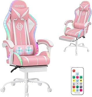Gaming Chair with LED RGB Lights with Massage and Footrest Ergonomic Computer Chair High Back Video Game Chair with Adjustable Lumbar Support Linkage Armrest Pink and White