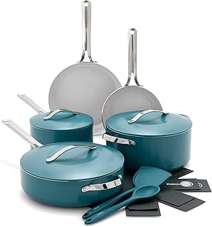 GreenPan Nova 10-Piece Cookware Pots and Pans Set, Oprah’s Favorite Things 2024, PFAS-Free Ceramic Nonstick, Fry, Sauté, Stockpot, Utensils, Lids, Induction Suitable, Dishwasher, Oven Safe, Deep Teal