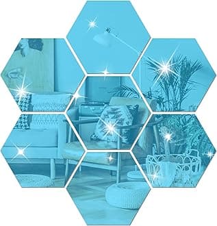 DIY Wall Decals Acrylic Mirror Sticker Set 12 Pcs, Hexagon Mirror Wall Stickers for Living Room Bedroom Decor (Blue)