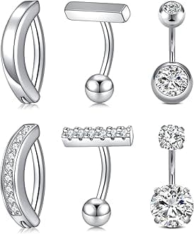 QWALIT Belly Rings - Short Bar Belly Button Rings in Surgical Steel with Opal Stones - 6mm & 10mm