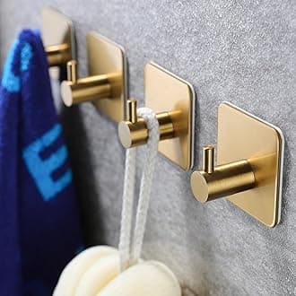 YIGIIAdhesive Hooks/Bath Towel Hook - Wall Hooks Stainless Heavy Duty Hooks for Hanging Coat/Robe/Hat/Bag in Bathroom, Bedroom, Dorm, SUS-304 Stainless Steel Golden(4 Packs)