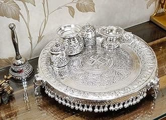 German Silver Heavy Pooja Thali (Diameter 12”) With Full Ghungru Layer And Elephant Legs Stand – Set of 6 Items