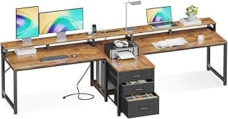 Coleshome 94" Two Person Computer Desk with Power Outlet & USB Ports, Extra Long Home Office Desk with Fabric Drawers, File Cabinet & Monitor Stand, Vintage Brown