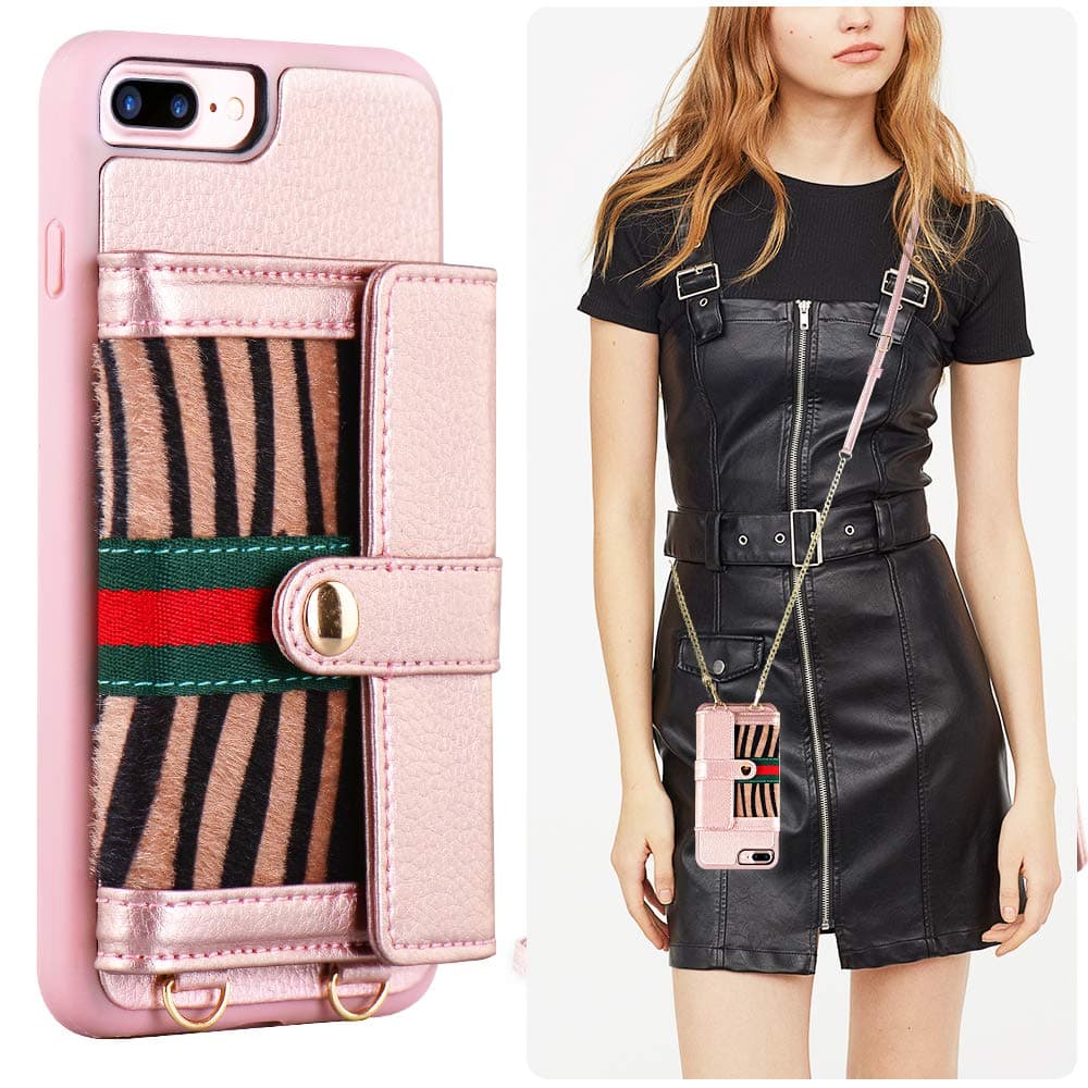 iPhone 8 Plus Wallet Case, JLFCH iPhone 7 Plus Crossbody Wallet Leather Case with Lanyard Magnetic Closure Credit Card Slot Holder Crossbody Strap Purse for Apple iPhone 7/8 Plus 5.5 - Rose Gold