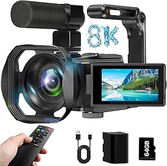 8K Video Camera Camcorder, 64MP IR Night Vision Vlogging Camera,18X Zoom 3.0“ Screen WiFi Camcorder for YouTube with with Microphone, Lens Hood, Stablizer, 64GB SD Card, One 4500mAh Battery
