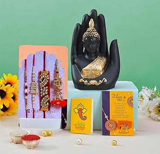 Collectible India Combo Rakhi Gift for Brother and Bhabhi Kids with Gift Set, Palm Buddha Showpiece Rakshabandhan Gifts for Men Women Girls Bhai Rakhi with Palm Buddha Home Decoration Items