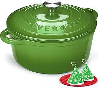 Overmont 4.2L Enamelled Cast Iron Round Casserole Pot With Lid Cookbook & Cotton Potholders - Non-stick Dutch Oven Cookware for Braising, Stews, Roasting, Bread Baking - Green, 24cm