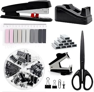 Black Office Supplies,UPIHO Black Desk Accessories,Stapler and Tape Dispenser Set for with Large Stapler,Tape Dispenser, Staple Remover, Staples, Clips,Scissor and Tabs,Gifts for Office Clerks