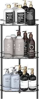3 Tier Floor Standing Corner Shower Caddy Organizer Shelf with Hooks, Bathroom Shelves Stand Rack, Matt Black