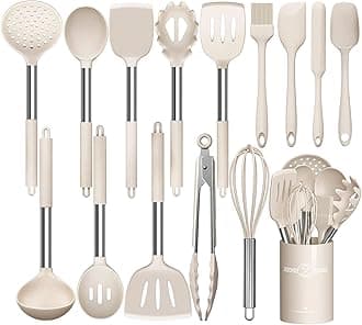 Umite Chef Silicone Stainless Steel Cooking Kitchen Utensils Set - Heat Resistant - Non-Stick Bpa-Free - Turner Spatula - Spoon - Tongs Khaki