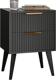 YAUKOMEL Small Black Night Stand,Mid Century Modern Bedside Table, Nightstand with 2 Drawers,Fluted Side Table with Wood Legs, End Table for Bedroom,Small Space Black11.8 D x 15.7" W x 22.8" HCTG55BK