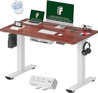 FLEXISPOT EN2 Whole-Piece Standing Desk with Clamp Power Strip, 48 x 24 Electric Stand Up Height Adjustable Desk with Cable Management (White Frame + 48" Mahogany Desktop, 2 Packages)