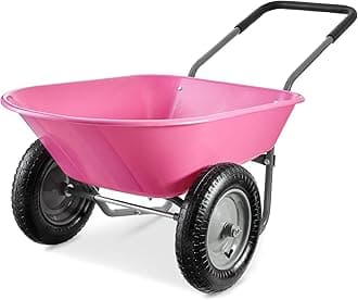 Dual-Wheel Home Utility Yard Wheelbarrow Garden Cart w/Built-in Stand for Lawn, Gardening, Construction - Pink