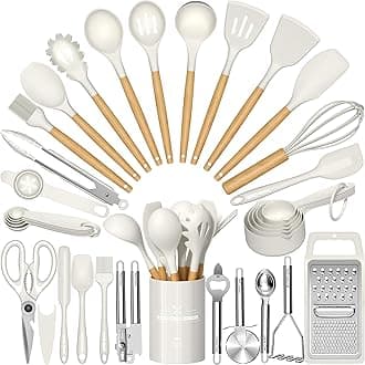Silicone Kitchen Utensil Set, 34PCS Heat Resistant Kitchen Gadgets and Tools With Grater, Cream White Wood Handles for Nonstick Cookware