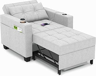 DURASPACE 36.6 Inch Sleeper Chair 3-in-1 Convertible Chair Bed Pull Out Sleeper Sofa Beds Adjustable Single Armchair Sofa Bed with USB Ports, Side Pocket, Cup Holder (Light Gray Linen)