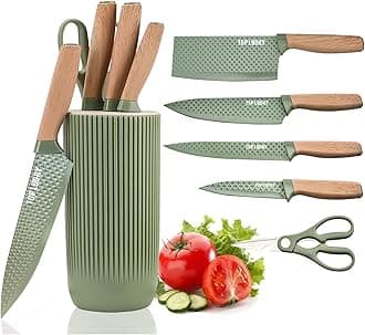 Green Knife Set, 6 Pieces Professional Kitchen Knife Set with Universal Knife Block, Super Sharp Knife Set with Ergonomic Handle Non-stick Stainless Steel Knife Block Set (Green)