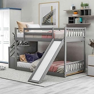 DNYN Twin Over Twin Bunk Bed with Slide & Ladder,Solid Wood Bedframe w/Safety Guardrails,Detachable,No Box Spring Required, Perfect for Kids Bedroom, 90.5×88.3×50.6", Gray